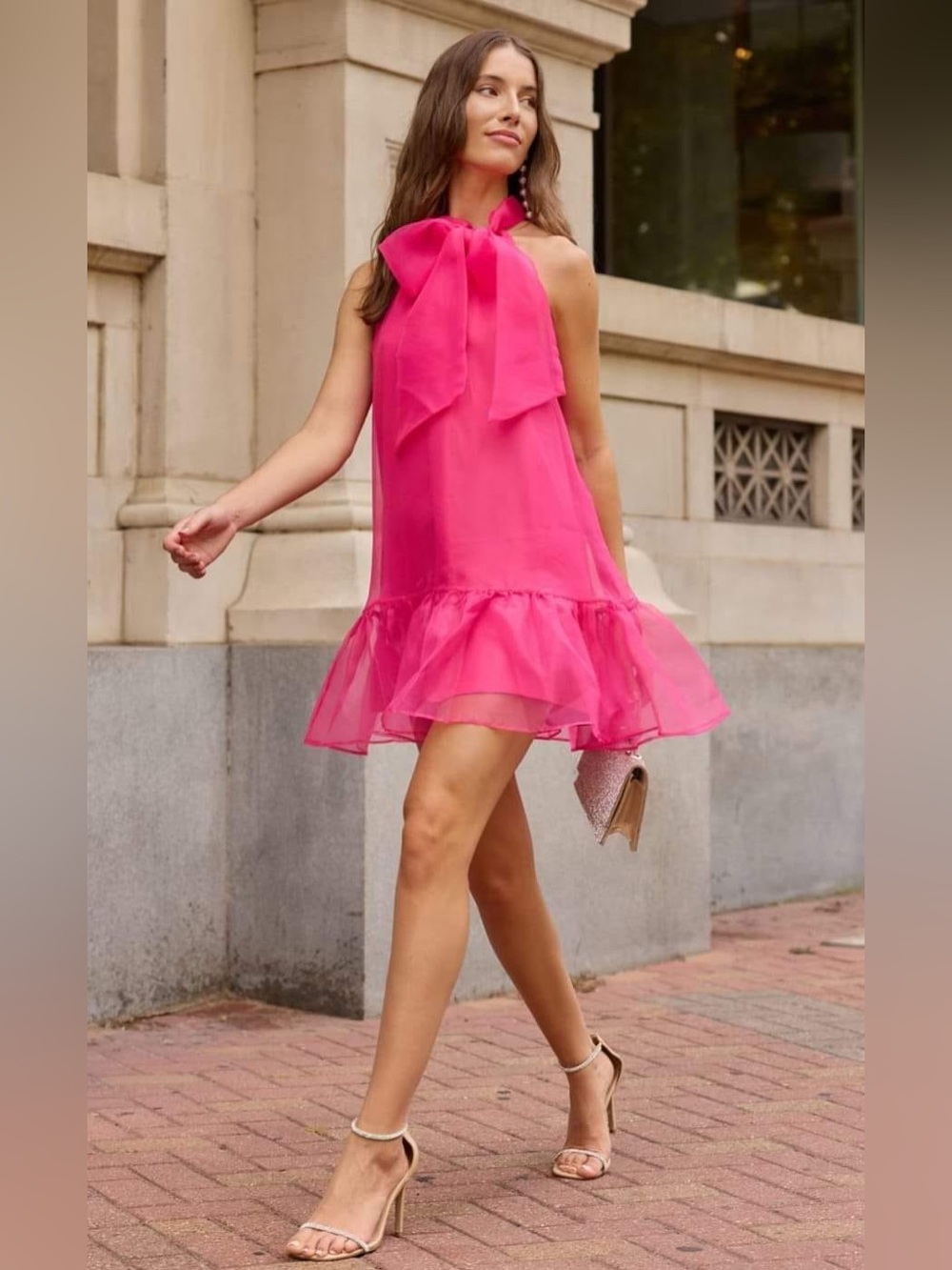 Bright Hot Pink Bow Halter Mini Dress